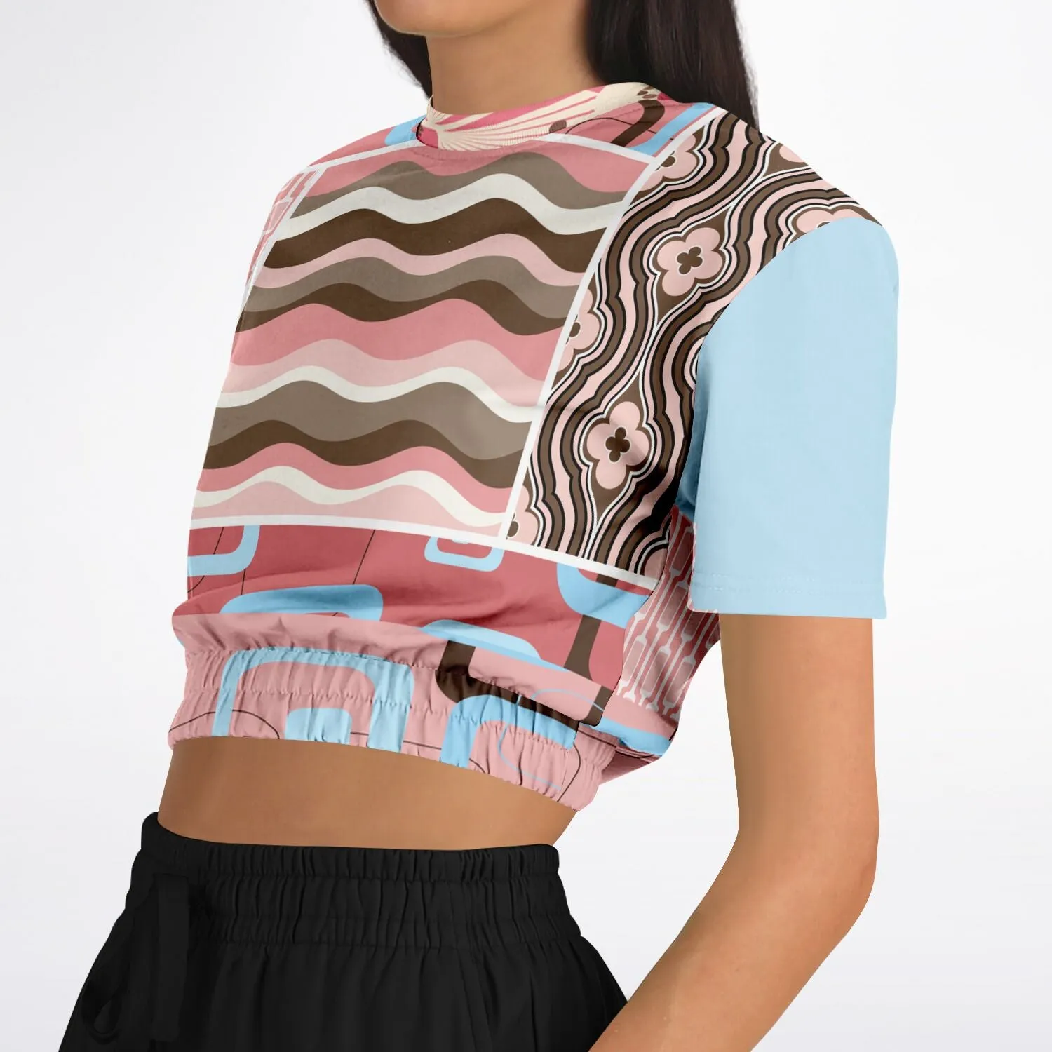 Pink Geo Retro Striped Short Sleeve Cropped Eco-Poly Sweater