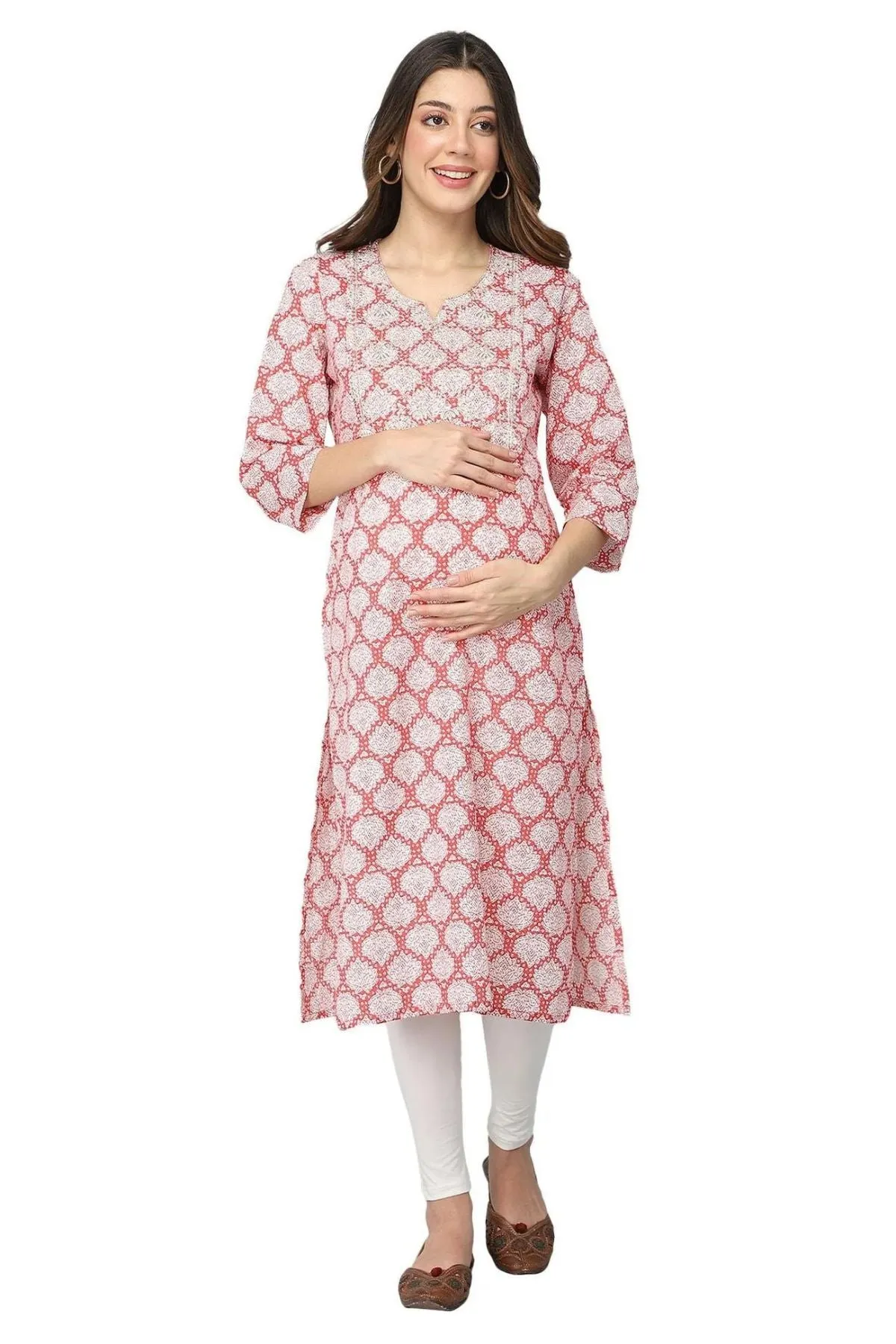 Red and White Embroidery & Sequins Maternity Kurtis