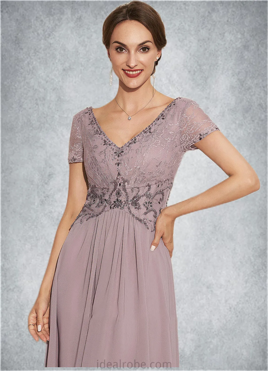 Robin A-Line V-neck Asymmetrical Chiffon Lace Mother of the Bride Dress With Beading STK126P0014799