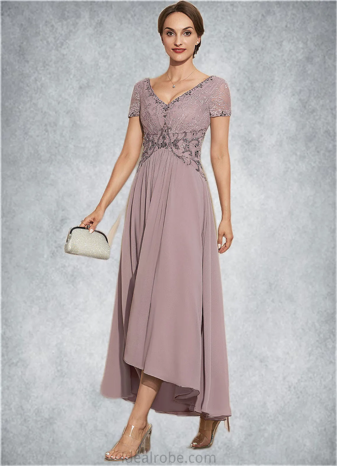 Robin A-Line V-neck Asymmetrical Chiffon Lace Mother of the Bride Dress With Beading STK126P0014799