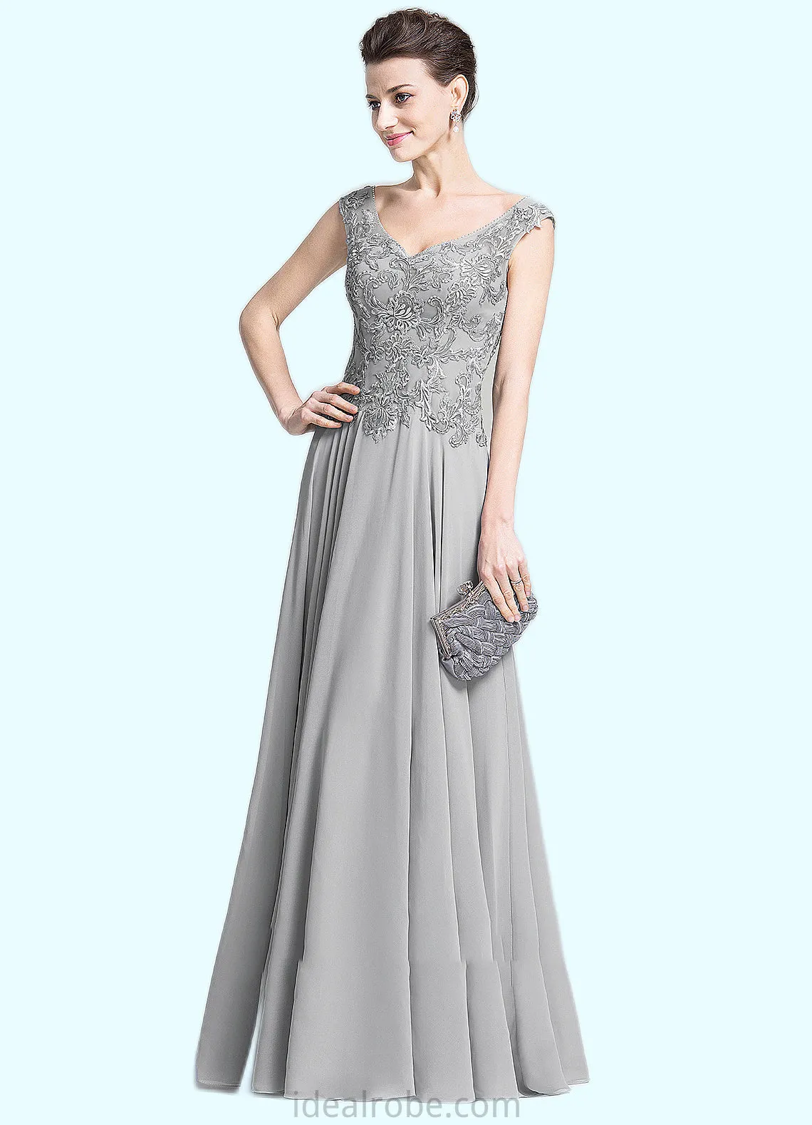 Shania A-Line V-neck Floor-Length Chiffon Mother of the Bride Dress With Appliques Lace STK126P0014974