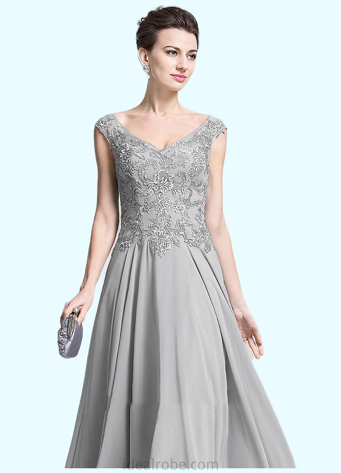 Shania A-Line V-neck Floor-Length Chiffon Mother of the Bride Dress With Appliques Lace STK126P0014974