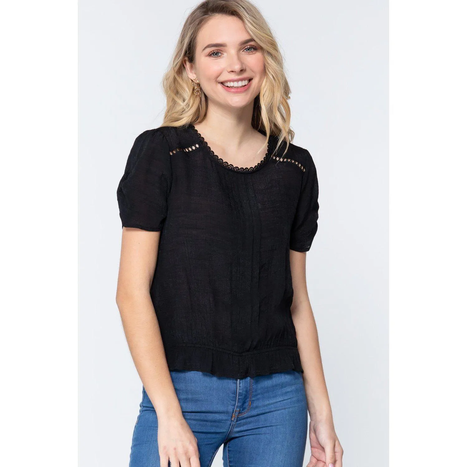 Short Shirring Slv Pleated Woven Top