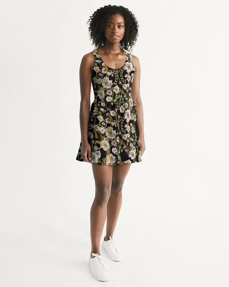 SMF Bejeweled Floral Feminine Scoop Neck Skater Dress