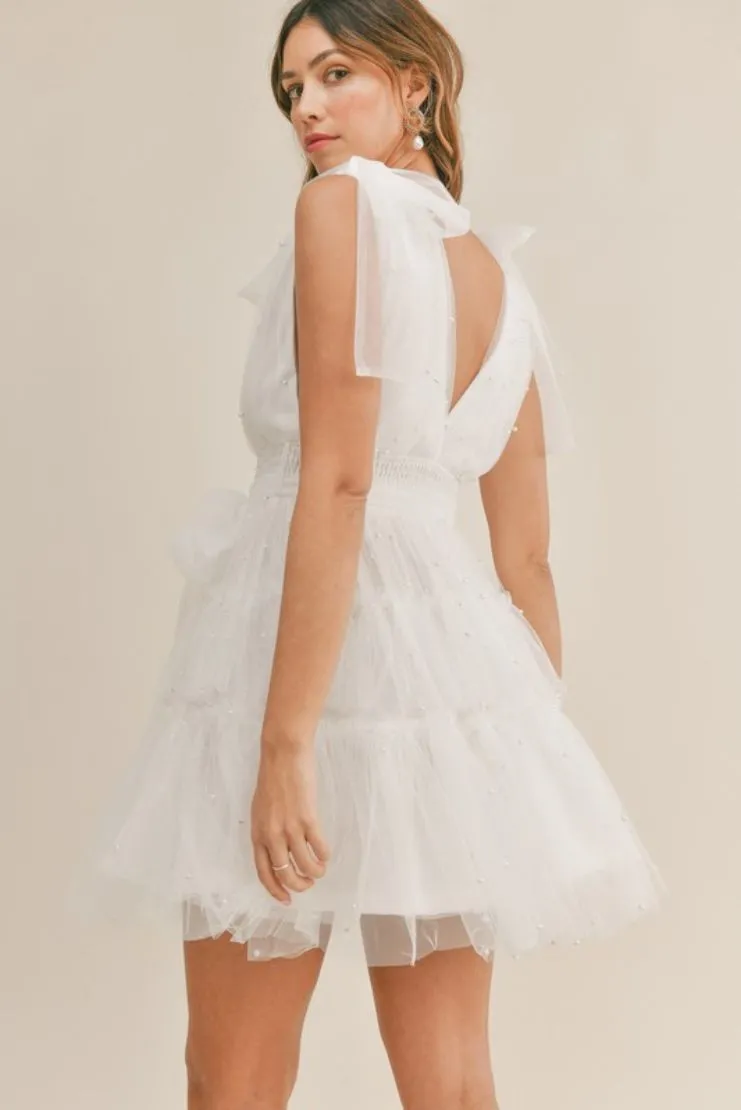 Sophia Pearl Tiered Tulle Mini Dress - White