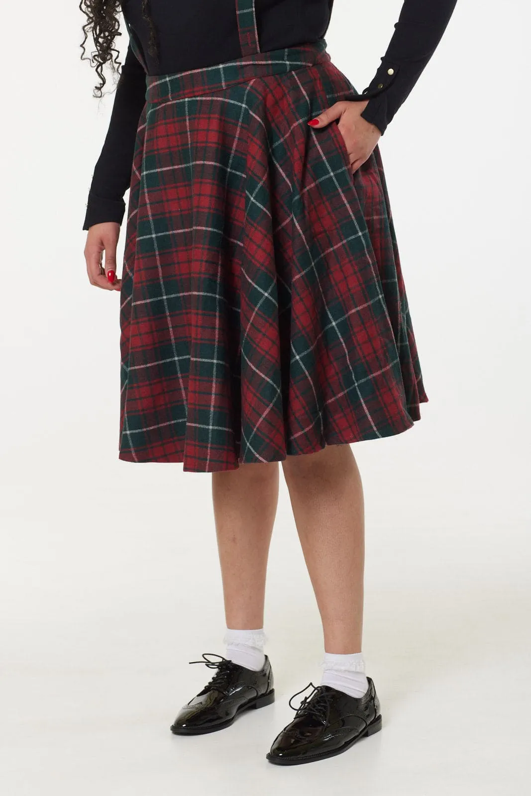 Sophie Red & Dark Green Woollen CheckTartan Midi Swing Skirt