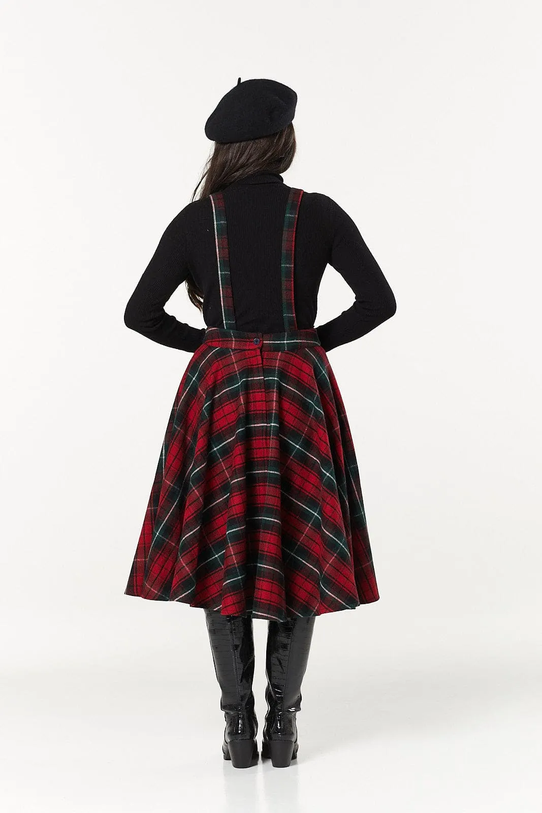 Sophie Red & Dark Green Woollen CheckTartan Midi Swing Skirt