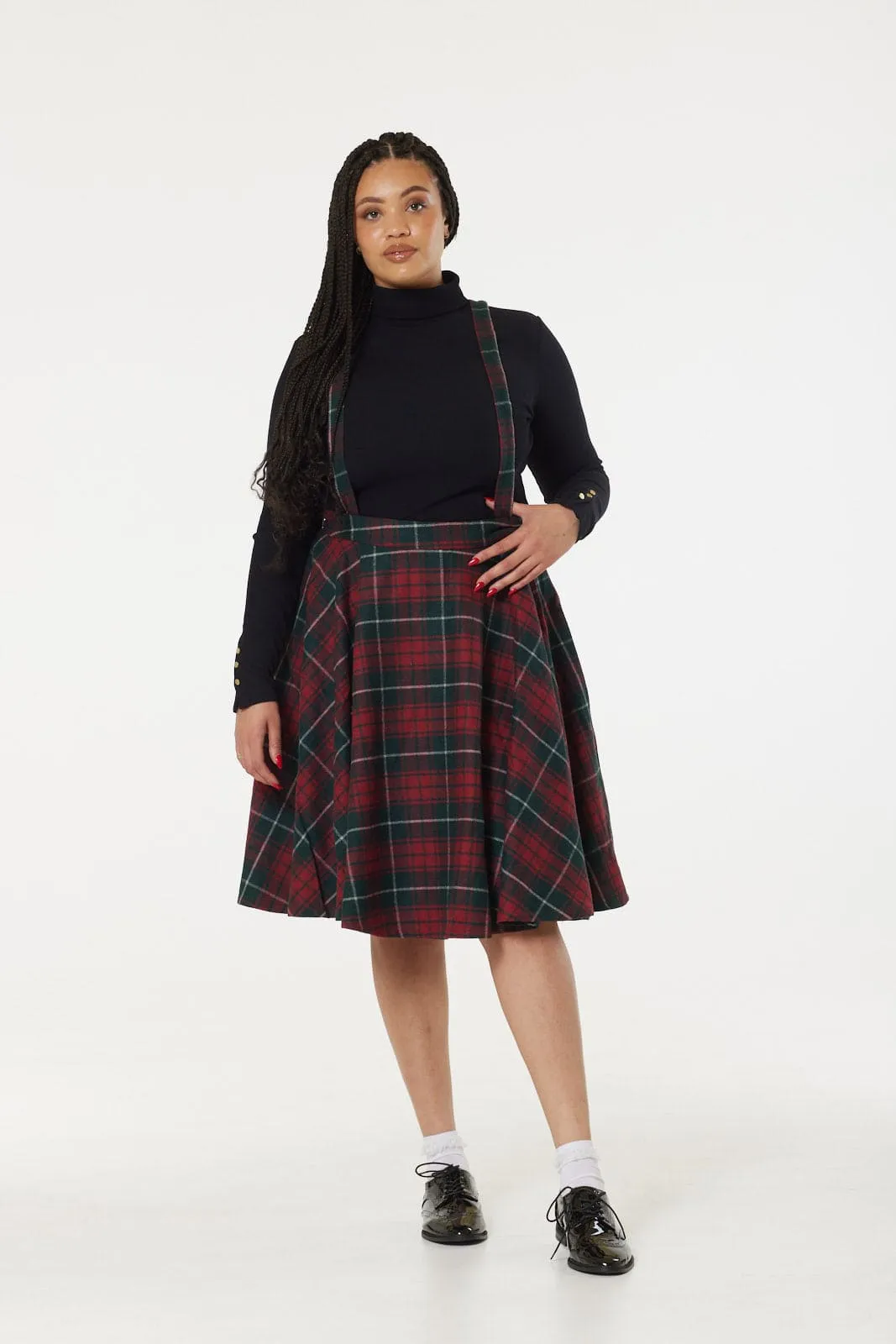 Sophie Red & Dark Green Woollen CheckTartan Midi Swing Skirt