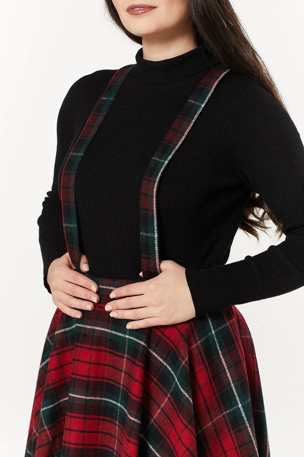 Sophie Red & Dark Green Woollen CheckTartan Midi Swing Skirt