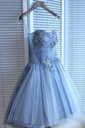 Sweetheart Strapless Homecoming Dresses Beads Blue Lace up Tulle Short Prom Dresses