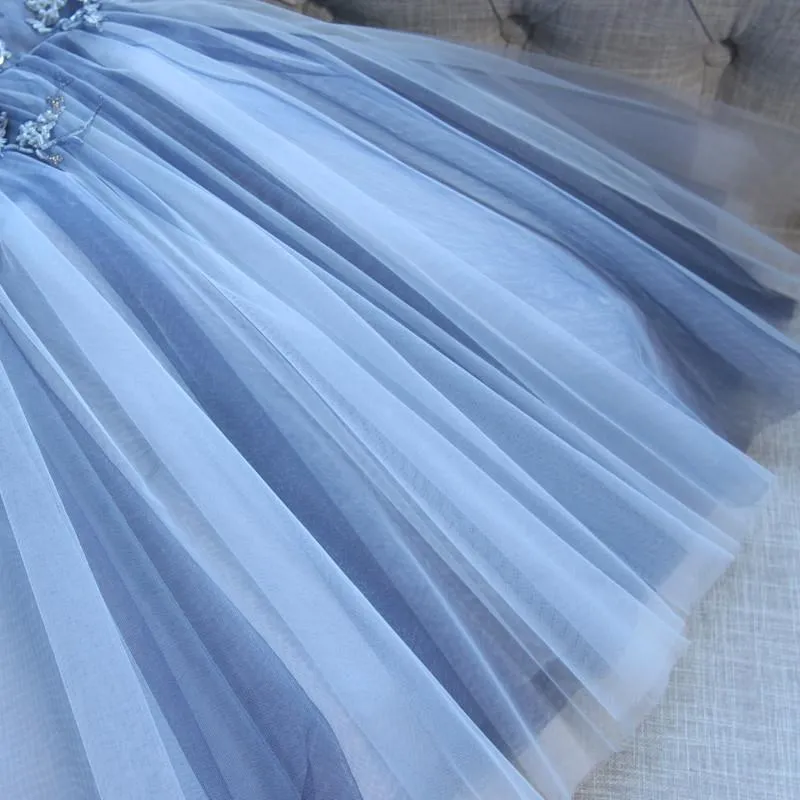 Sweetheart Strapless Homecoming Dresses Beads Blue Lace up Tulle Short Prom Dresses