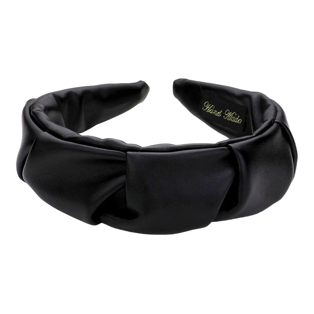 Trendy Pleated Solid Faux Leather Headband