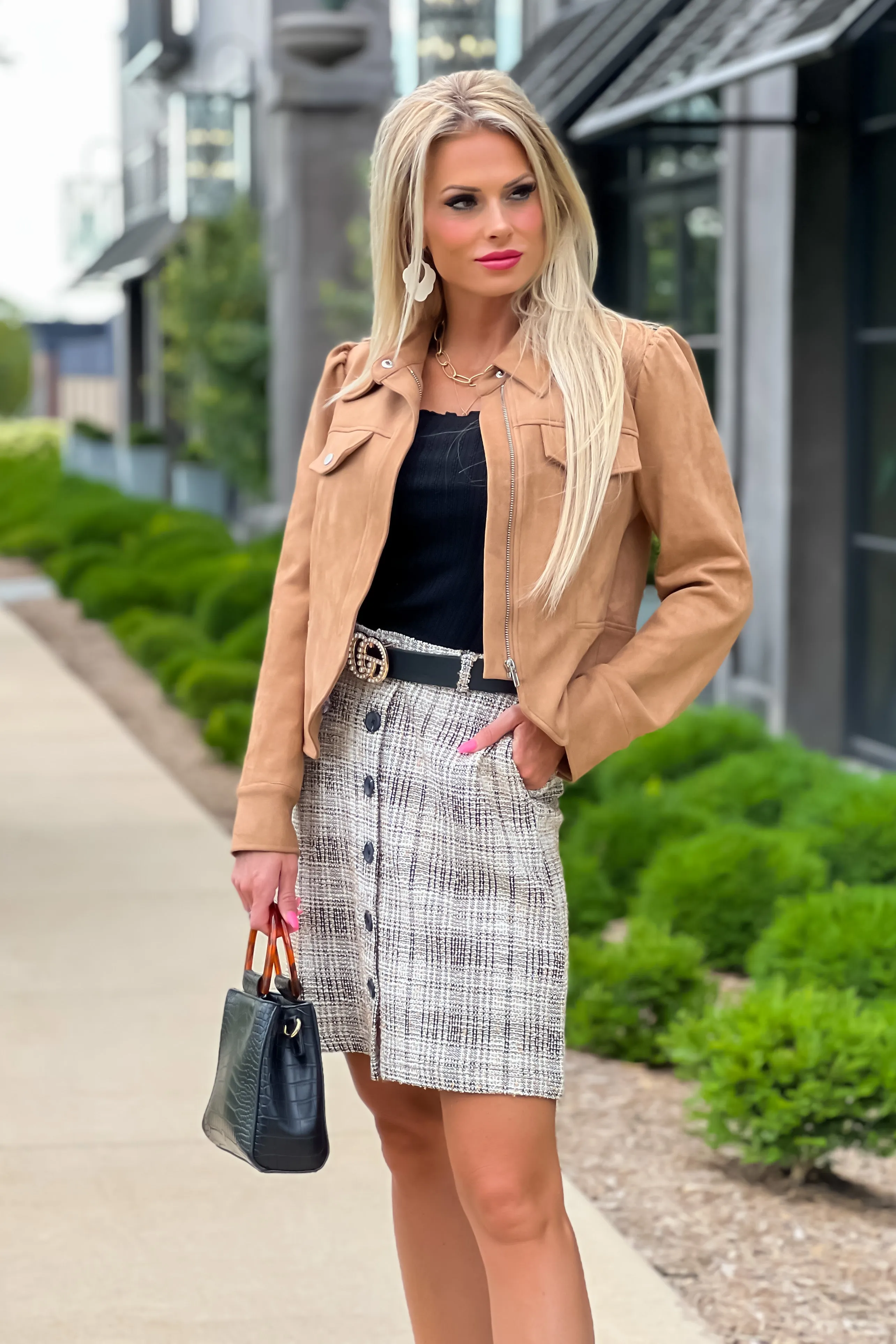 Tribal Autumn Vibes Tweed A-Line Skirt : Nutmeg/Black/Ivory