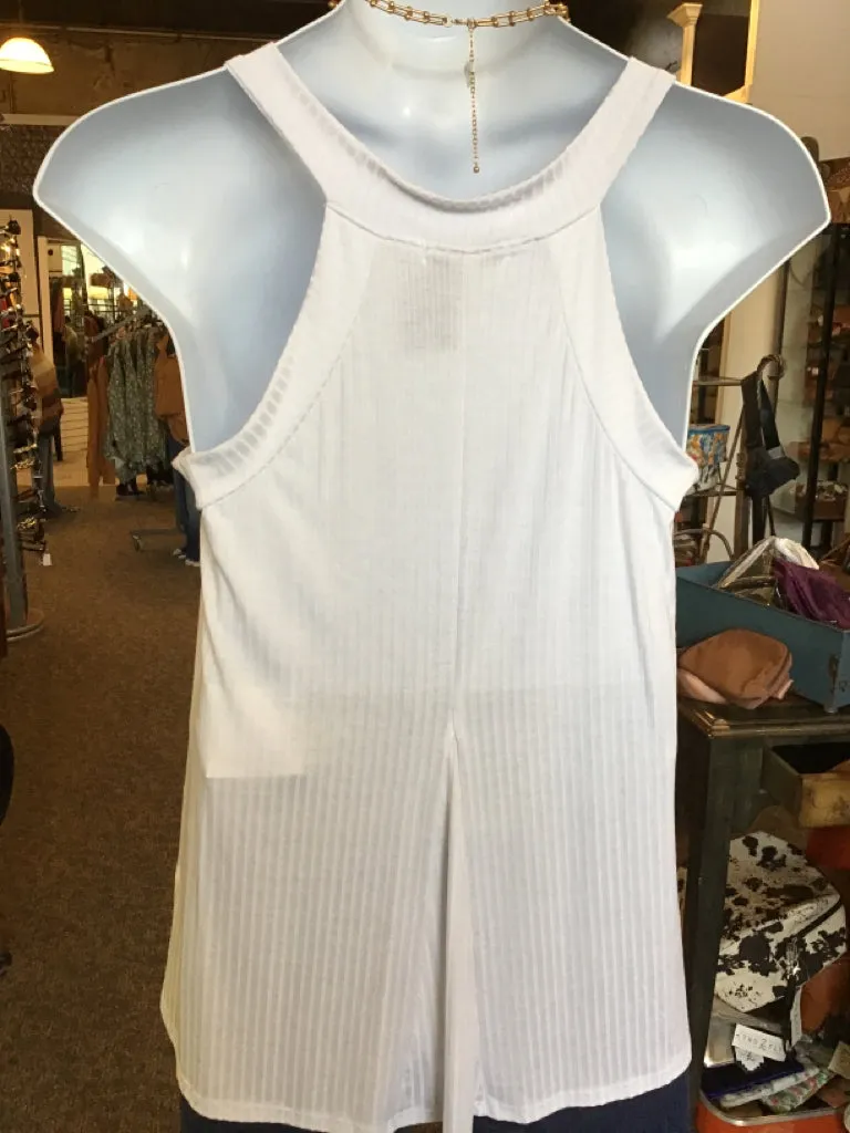 White Ribbed V Neck Flowy Tank - S/M to 3X