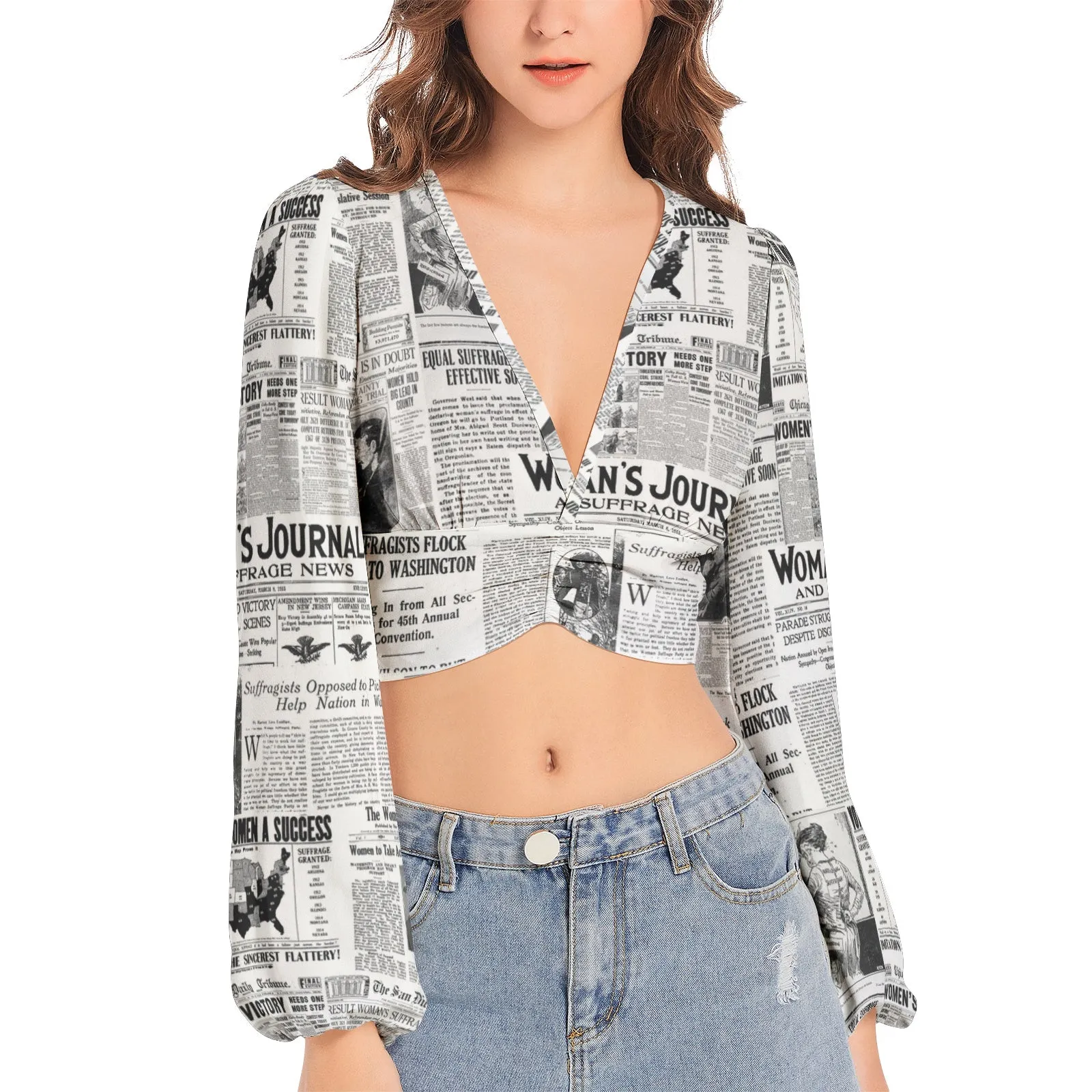 Women's Suffrage Commerative Women's Deep V-Neck Lantern Sleeve Crop Top