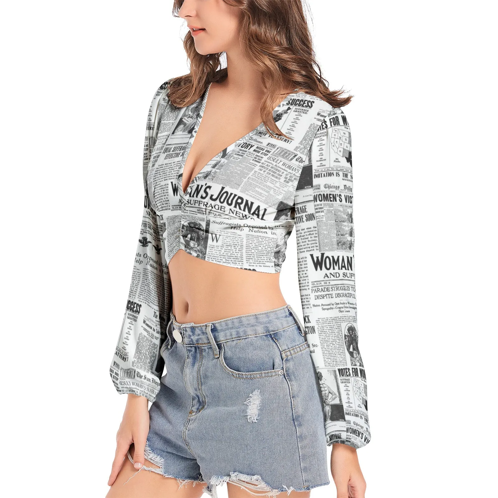 Women's Suffrage Commerative Women's Deep V-Neck Lantern Sleeve Crop Top