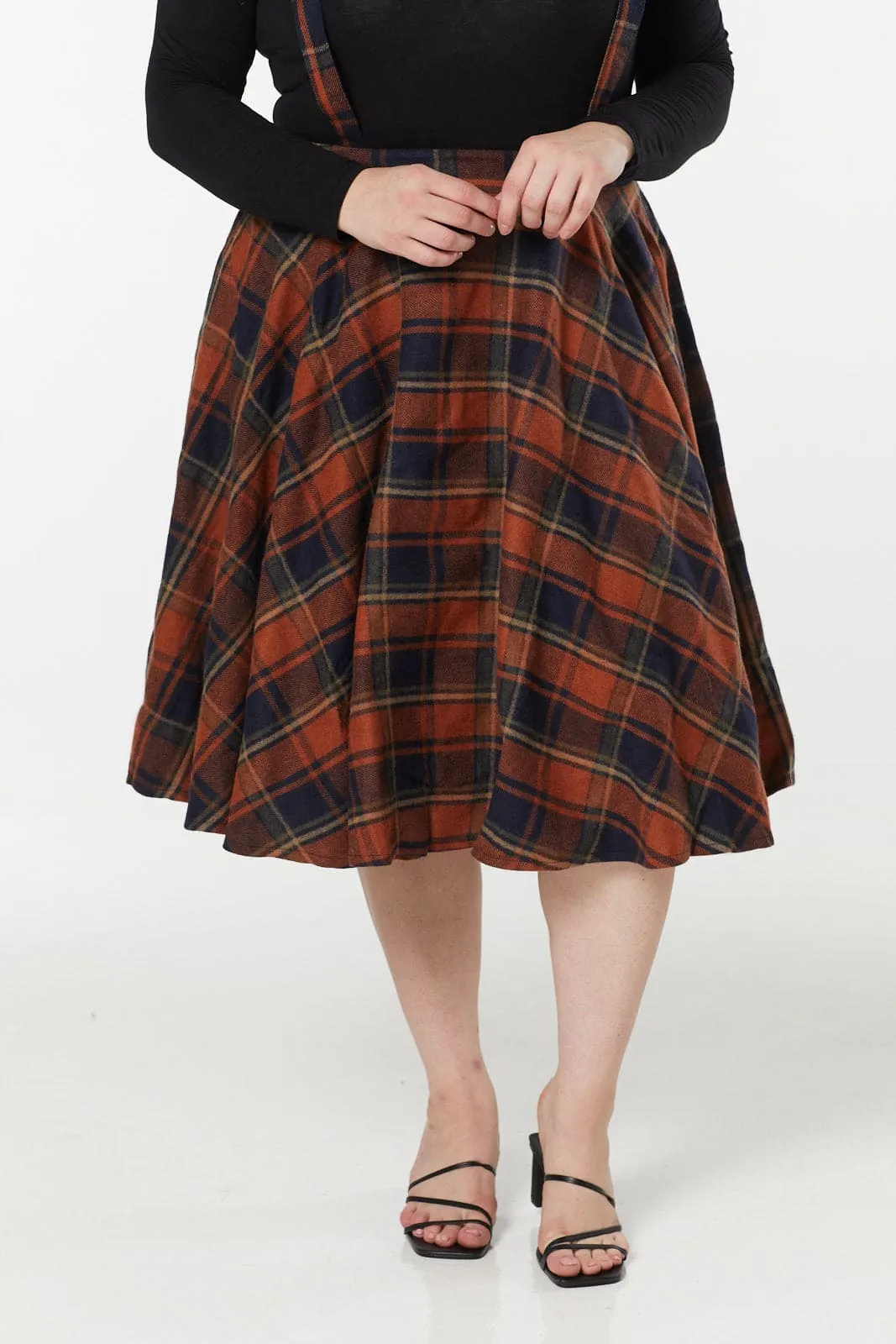 Woollen Swing Skirt Navy and Rust Check wth braces