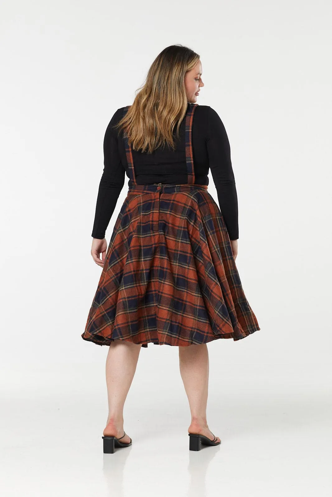 Woollen Swing Skirt Navy and Rust Check wth braces